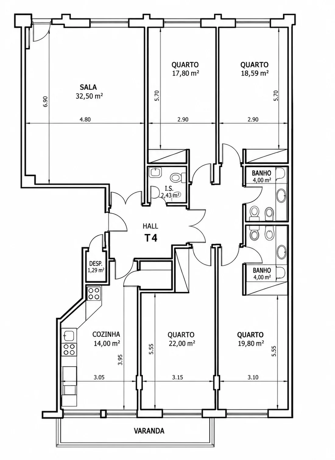 Planta do apartamento, com as áreas de cada divisão